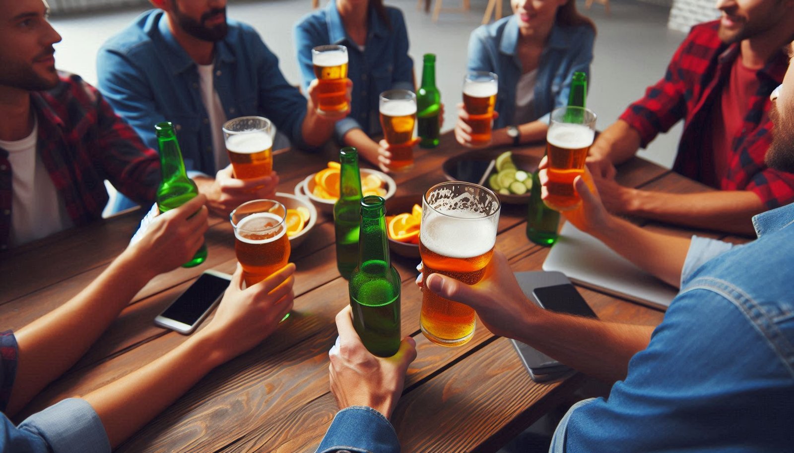 Personas con vasos de cerveza 0.0 comiendo